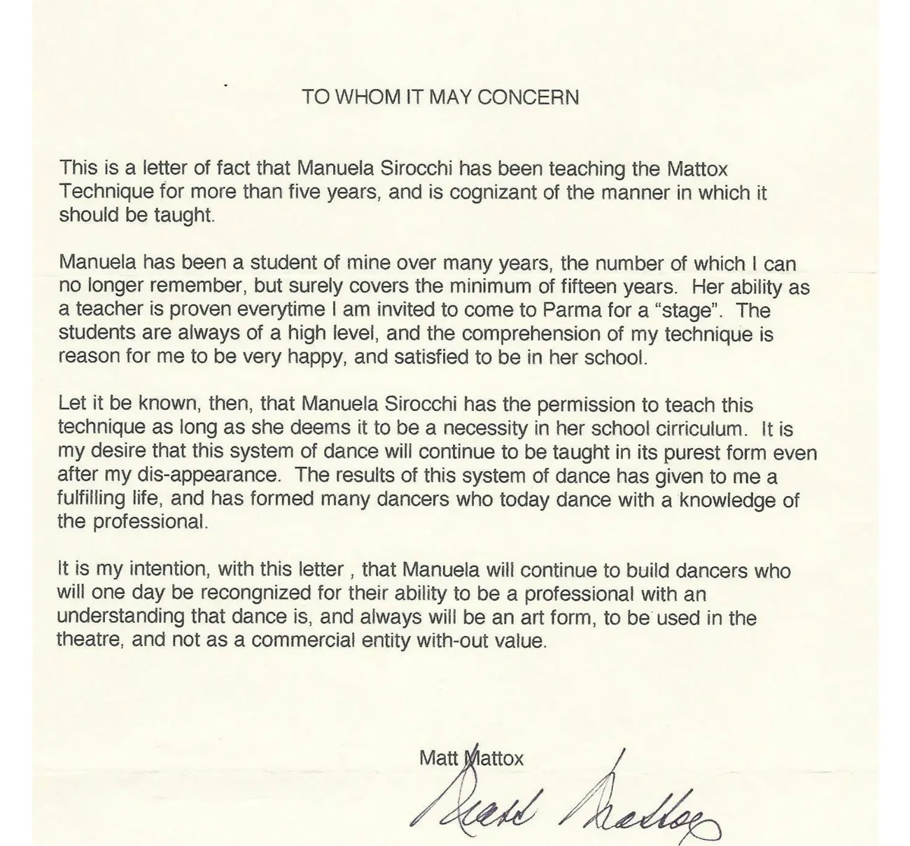Lettera originale di Matt Mattox, in inglese, con la sua firma autografa
